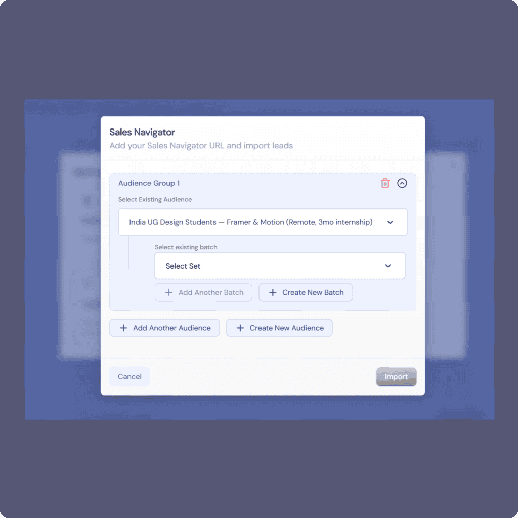 Sales automation interface showing LinkedIn audience targeting and batch import options.