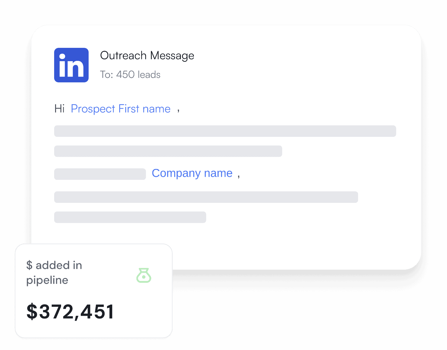 LinkedIn sales outreach message with pipeline value of $372,451.