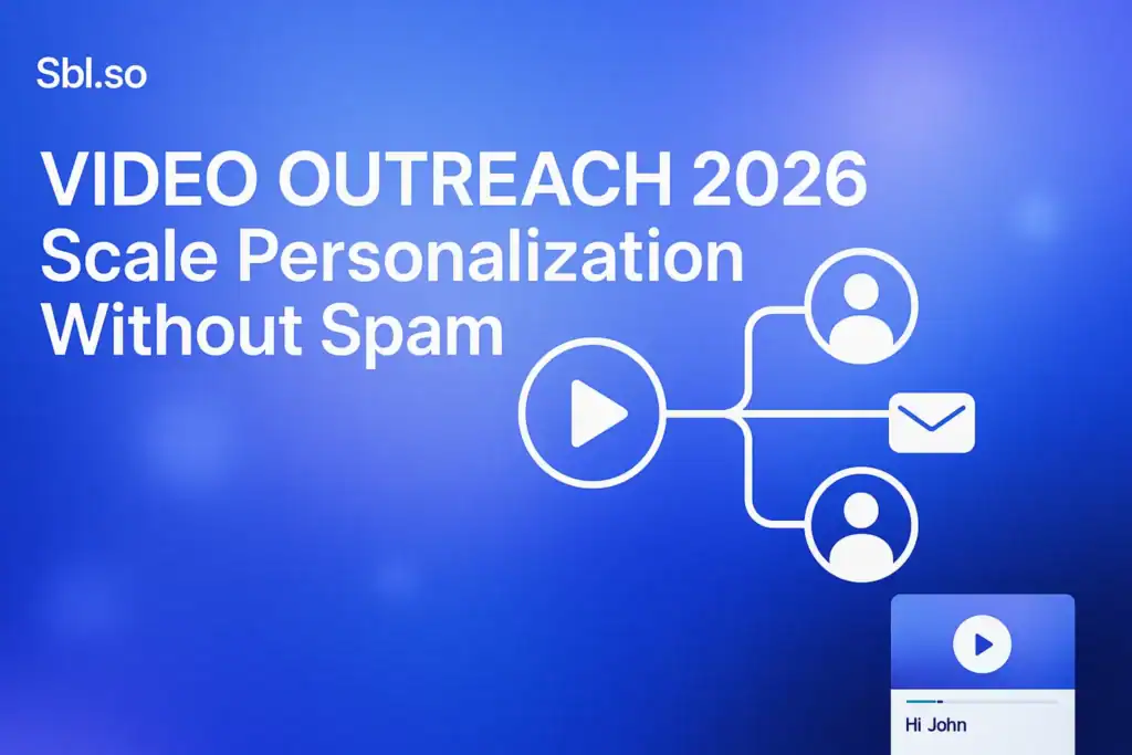 "Video Outreach 2026: Scale Personalization Without Spam - 2560x1440px, 'Sbl.so' text branding (32px, white, top left), bold white headline (72-80px) aligned left with ample padding, dreamy soft gradient background blending #3657D5 with periwinkle, pale azure, and deep navy tones, central visual of a minimalistic video play icon with branching lines connecting to multiple recipient icons (person silhouettes or inbox icons), symbolizing scalable personalized outreach, optional small UI card showing video timeline and personalized greeting, glowing atmospheric elements for tech-forward feel, 80-100px padding from all sides, NOT transparent, clean futuristic aesthetic --ar 16:9"