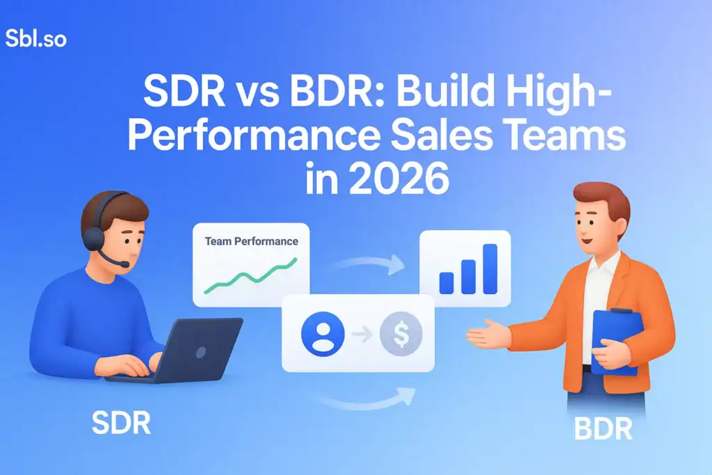 "SDR vs BDR: Build High-Performance Sales Teams in 2026 – 2560x1440px, 'Sbl.so' text branding (32px, white, top left), bold modern headline (72-80px, white) centered or offset left reading 'SDR vs BDR: Build High-Performance Sales Teams in 2026', two stylized minimal 3D characters on opposite sides representing SDR and BDR roles (e.g. one on phone/computer, one in meeting/sales presentation posture), clean UI-style floating cards showing team performance, graphs, and leads/sales icons between them to suggest collaboration, subtle arrow or flow connecting both sides, soft atmospheric gradient background blending #3657D5 (brand blue), light periwinkle, sky blue, and navy, generous 80-100px padding on all sides, NOT transparent, dreamy yet data-driven tech aesthetic --ar 16:9"