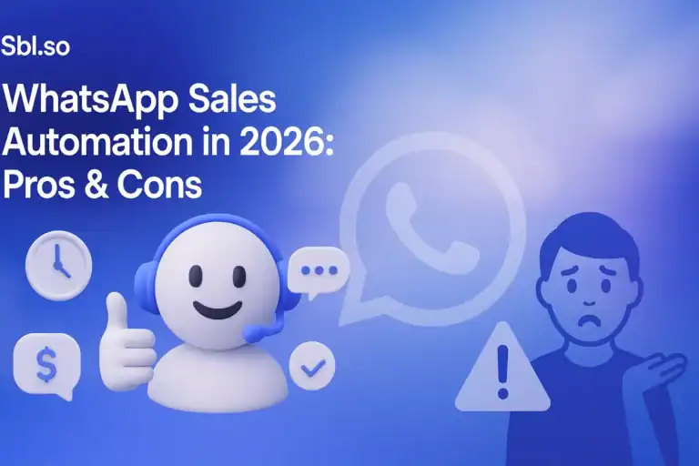 "Pros and Cons of WhatsApp Sales Automation in 2026 – 2560x1440px, 'Sbl.so' text branding (32px, white, top left), bold white headline on left side reading 'WhatsApp Sales Automation in 2026: Pros & Cons' (72-80px), visual layout divided into two balanced sections: On left, 3D happy customer support agent or chatbot icon with thumbs up surrounded by minimal icons (clock, chat bubble, dollar sign); on right, subtle warning or downside symbols (exclamation icon, human silhouette with confused expression); central semi-transparent WhatsApp logo linking both halves; dreamy soft cloudy gradient background blending #3657D5 royal blue, sky blue, deep navy, and light periwinkle; professional clean UX icon theme, minimal, futuristic atmosphere; 80px padding from all sides; NOT transparent —ar 16:9"