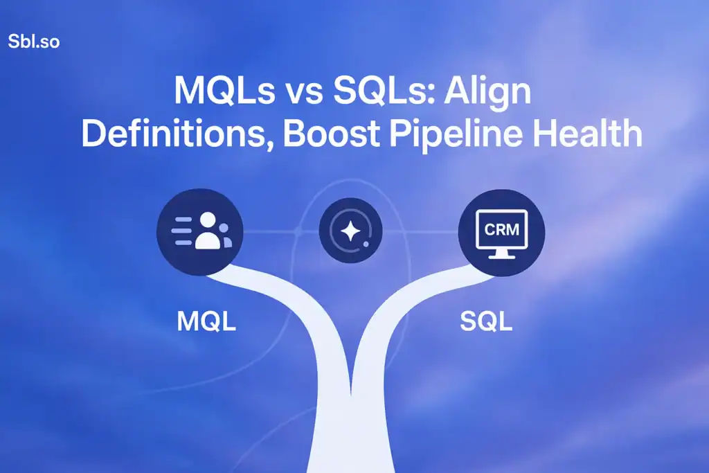 "MQLs vs SQLs: Align Definitions, Boost Pipeline Health - 2560x1440px, 'Sbl.so' text branding (32px, white, top left), bold centered headline in white (72-80px): 'MQLs vs SQLs: Align Definitions, Boost Pipeline Health', soft cloudy gradient background blending #3657D5 (royal blue), periwinkle, pale azure, and deep navy shades, clean minimalistic illustration showing two diverging paths or pipeline streams labeled MQL and SQL, with icons representing audience filters, scoring, and CRM handoff, orbital lines or connecting flow arrows subtly integrated, dreamy atmospheric aesthetic with ample padding (80px from all sides), modern and uncluttered layout, NOT transparent --ar 16:9"