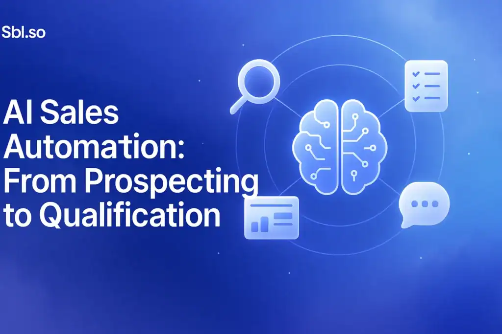 "AI Sales Automation: From Prospecting to Qualification – 2560x1440px, 'Sbl.so' text branding (32px, white, top left), bold white headline on left (72-80px), futuristic AI brain icon at center right connected by thin glowing lines to surrounding sales icons (magnifying glass for prospecting, checklist for qualification, conversation bubble, CRM dashboard), light orbital diagram linking icons to core, icons styled in soft white/blue gradients, background is soft cloudy gradient blending #3657D5 with sky blue, periwinkle, and deep navy shades creating dreamy atmospheric feel, white floating dots or tech sparkles subtly embedded, generous 80px padding from all sides, NOT transparent, minimalistic clean interface --ar 16:9"