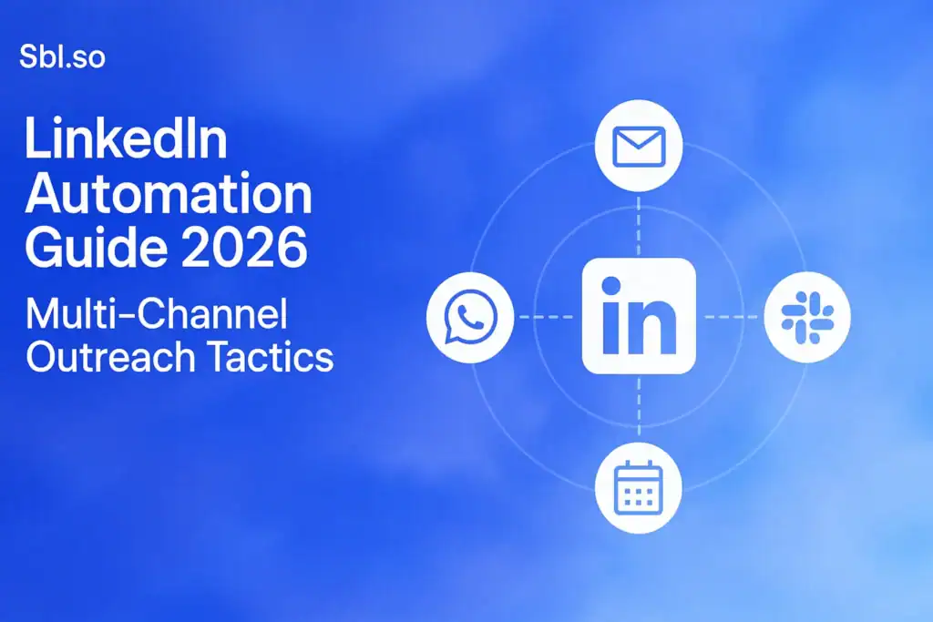 "LinkedIn Automation Guide 2026: Multi-Channel Outreach Tactics – 2560x1440px, 'Sbl.so' text branding (32px, white, top left), large white bold headline on left: 'LinkedIn Automation Guide 2026', subheadline below slightly smaller: 'Multi-Channel Outreach Tactics', central composition featuring a large white LinkedIn icon at center connected by dashed lines to smaller icons: email, WhatsApp, Slack, calendar, with thin orbit lines implying automation pathways and multi-channel flows, minimalist network-style illustration, dreamy soft cloudy gradient background blending #3657D5 royal blue, periwinkle, sky blue, and navy, clean and modern with plenty of negative space, 80-100px padding from all sides, white/light icons and text for maximum contrast, NOT transparent, atmospheric and tech-forward aesthetic --ar 16:9"