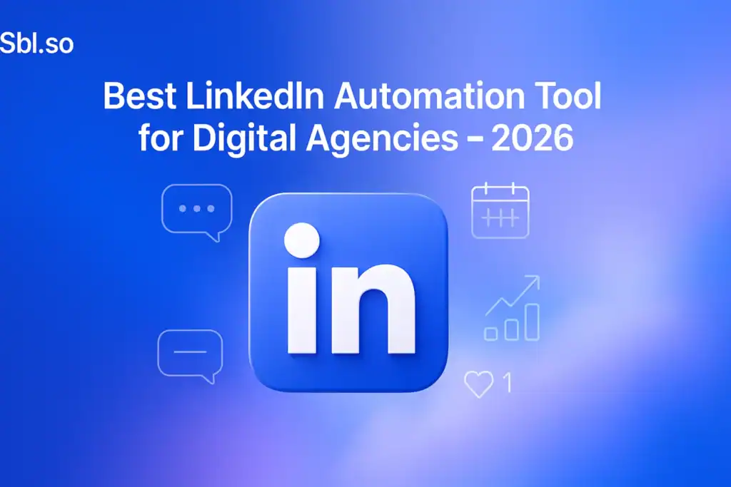 "Best LinkedIn Automation Tool for Digital Agencies 2026 – 2560x1440px, 'Sbl.so' text branding (32px, white, top left), bold centered white headline (72-80px): 'Best LinkedIn Automation Tool for Digital Agencies – 2026', large sleek white LinkedIn icon in center surrounded by subtle floating interface elements (message bubbles, calendar icons, engagement stats), dreamy soft cloudy gradient background blending #3657D5 (royal blue), light periwinkle (#A8BCFF), pale azure, and deep navy (#1E3A8A), 3D-style glow or reflections for icon to create a modern tech aesthetic, clean UI line icons placed with minimal clutter, 80px padding from all sides, NOT transparent, clean modern atmospheric composition --ar 16:9"