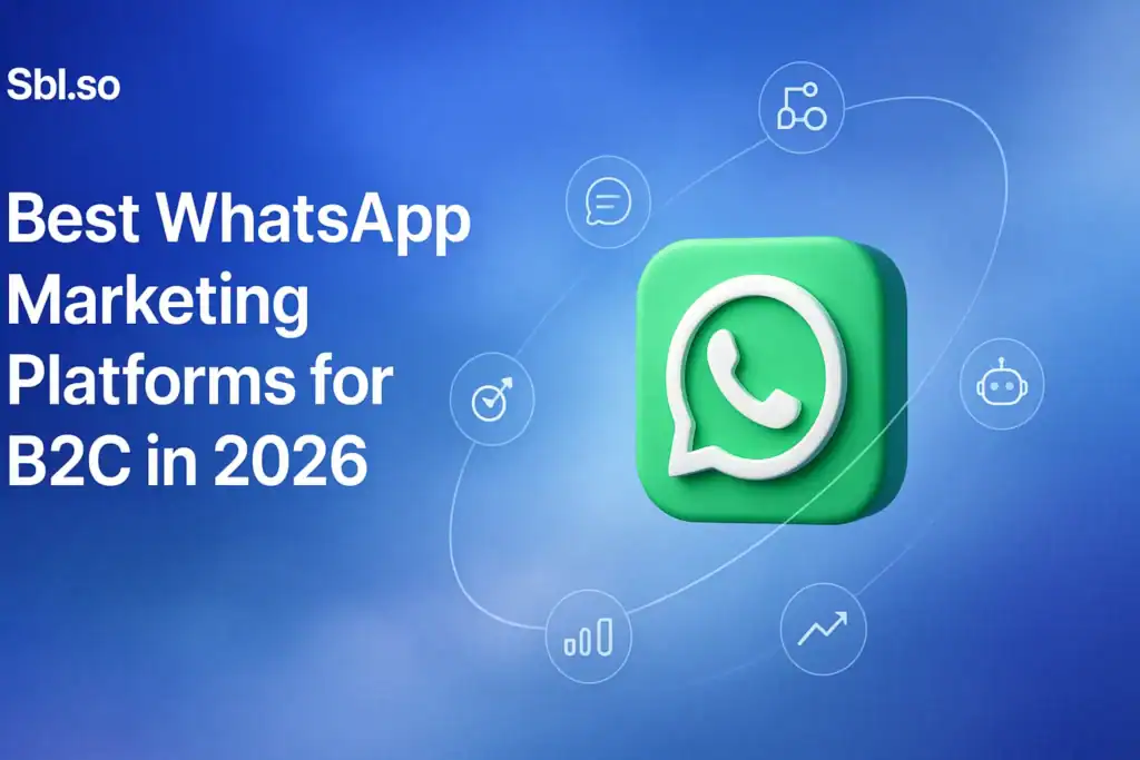 "Best WhatsApp Marketing Platforms for B2C in 2026 – 2560x1440px, 'Sbl.so' text branding (32px, white, top left), bold white headline left-aligned: 'Best WhatsApp Marketing Platforms for B2C in 2026' (72-80px), dreamy soft cloudy gradient background blending #3657D5 (brand blue), sky blue, navy, and light periwinkle tones, 3D-style WhatsApp icon in center-right surrounded by floating minimalist icons representing automation, customer chats, bots, analytics, and campaign tracking (simple line or orbit-style icons), smooth orbital lines creating motion feel, 80px padding on all sides, NOT transparent, clean and futuristic tech aesthetic --ar 16:9"