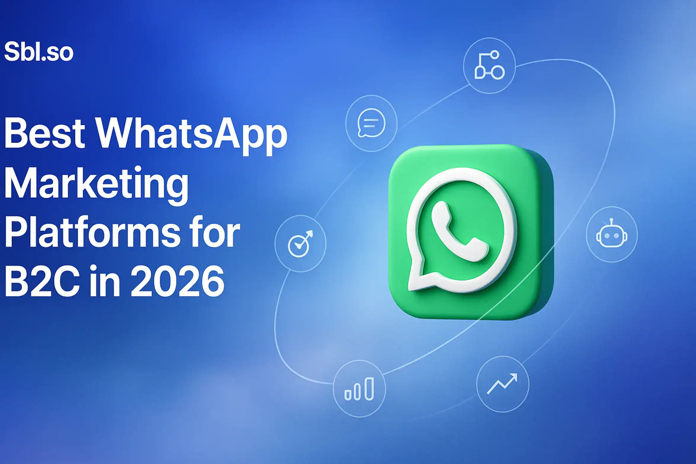 "Best WhatsApp Marketing Platforms for B2C in 2026 – 2560x1440px, 'Sbl.so' text branding (32px, white, top left), bold white headline left-aligned: 'Best WhatsApp Marketing Platforms for B2C in 2026' (72-80px), dreamy soft cloudy gradient background blending #3657D5 (brand blue), sky blue, navy, and light periwinkle tones, 3D-style WhatsApp icon in center-right surrounded by floating minimalist icons representing automation, customer chats, bots, analytics, and campaign tracking (simple line or orbit-style icons), smooth orbital lines creating motion feel, 80px padding on all sides, NOT transparent, clean and futuristic tech aesthetic --ar 16:9"