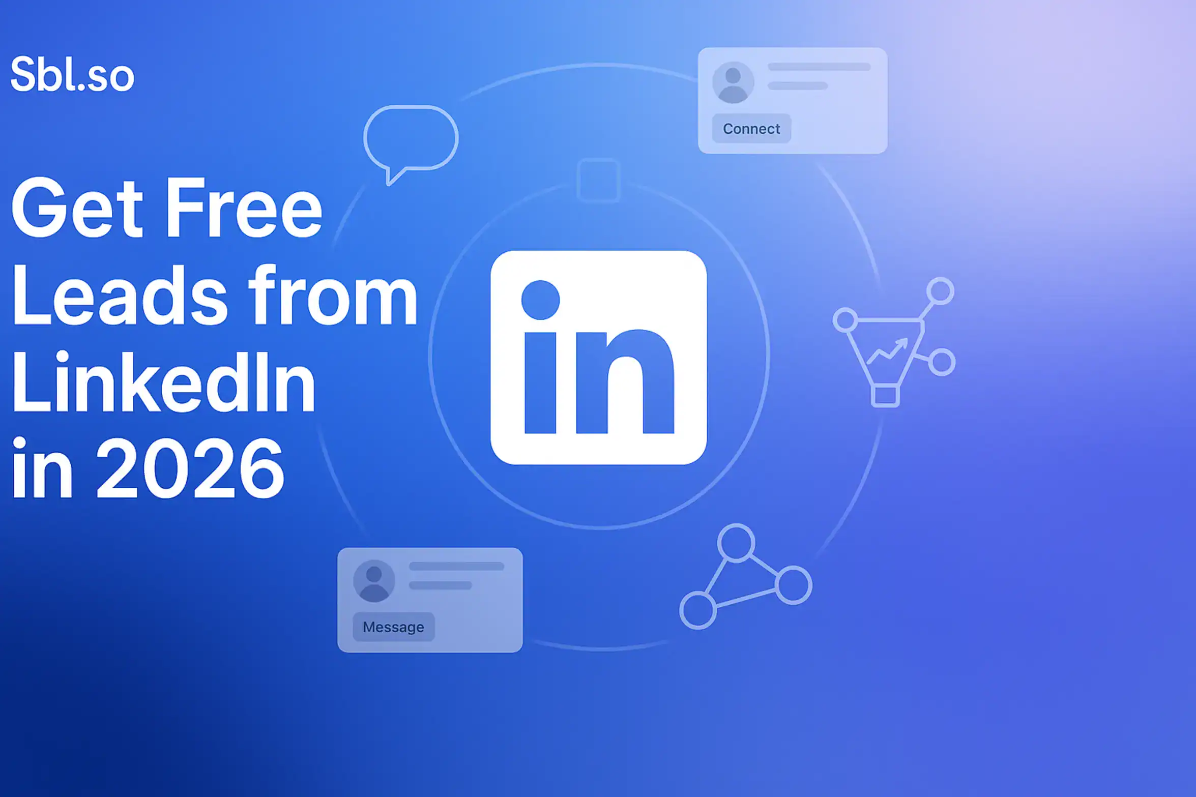 "How to Get Free Leads from LinkedIn in 2026 – 2560x1440px, 'Sbl.so' text branding (32px, white, top left), large white headline (72-80px bold) placed on left side: 'Get Free Leads from LinkedIn in 2026', dreamy soft cloudy gradient background blending #3657D5, sky blue, periwinkle (#A8BCFF), and deep navy (#1E3A8A), large minimalistic LinkedIn logo at center with few outlined icons around it (chat bubble, funnel/sales graph, connection nodes), optional subtle UI elements like connection requests or inbox popups around the icon in a circular orbit style, clean and minimal tech-forward design, 80px padding from all sides, NOT transparent —ar 16:9"