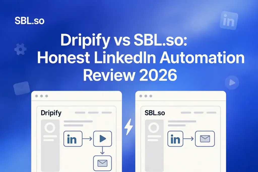 "Dripify vs SBL.so: Honest LinkedIn Automation Review 2026 – 2560x1440px, 'Sbl.so' text branding (32px, white, top left), bold white headline (72-80px) reading “Dripify vs SBL.so: Honest LinkedIn Automation Review 2026” centered or aligned left with generous padding, dual UI mockups/icons side by side styled as minimal browser windows – one labeled 'Dripify' on left, other 'SBL.so' on right, each with simplified LinkedIn dashboard elements or automation flows, thin dividing line or subtle lightning bolt between them to suggest comparison/conflict, background a soft dreamy gradient blending #3657D5 royal blue, periwinkle, sky blue, and deep navy tones, cloudy diffused texture for atmosphere, subtle floating LinkedIn icons or automation-themed elements (gear, play button, messages), clean layout, 80-100px padding from all sides, NOT transparent, minimal modern comparison layout aesthetic --ar 16:9"