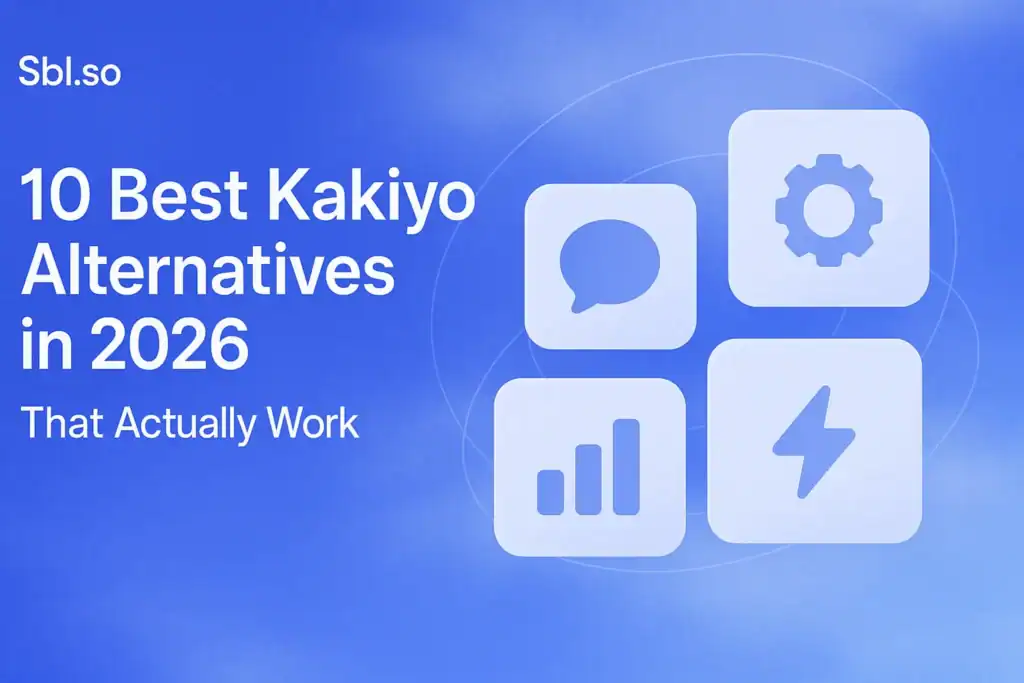 "10 Best Kakiyo Alternatives in 2026 (That Actually Work) – 2560x1440px, 'Sbl.so' branding text (32px, white, top left), bold white headline on left reading '10 Best Kakiyo Alternatives in 2026' with subtitle 'That Actually Work' below in lighter weight (all white), layered floating UI cards representing different messaging or automation apps arranged in staggered grid on the right, each card with smooth rounded edges and minimal icons (chat bubble, gear, graph, lightning bolt), subtle orbital lines behind them connecting the tools like constellations, soft cloudy gradient background with dreamy blend of #3657D5 brand blue, pale periwinkle, sky blue and navy tones, 80px padding from all sides, NOT transparent, clean minimal tech aesthetic --ar 16:9"