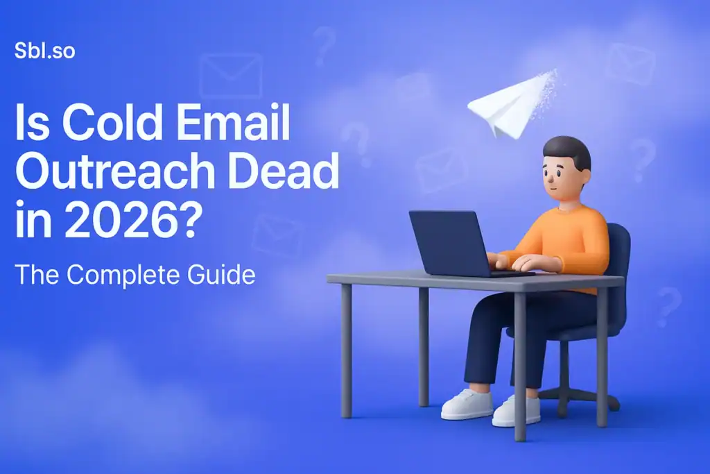 "Is Cold Email Outreach Dead in 2026? The Complete Guide – 2560x1440px, 'Sbl.so' branding text (32px, white, top left), bold white headline (72-80px) reading 'Is Cold Email Outreach Dead in 2026?', subheadline below in smaller size: 'The Complete Guide', minimalist 3D character sitting at a desk with laptop and flying paper airplane or email icon disintegrating fading into dust, visual metaphor showing evolution or transformation of email outreach, floating faint mail icons and question marks around scene, dreamy soft cloudy background gradient blending #3657D5 royal blue with periwinkle, sky blue, and deep navy tones, clean modern design with 80px safe zone padding from all sides, NOT transparent, atmospheric editorial aesthetic --ar 16:9"