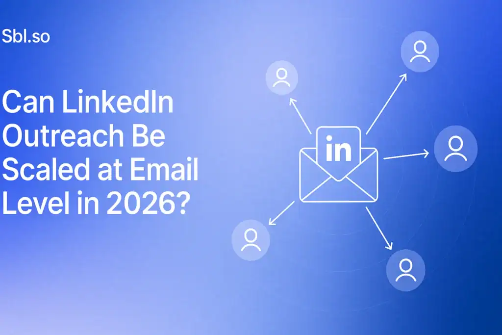 "Can LinkedIn Outreach Be Scaled at Email Level in 2026? – 2560x1440px, ‘Sbl.so’ text branding (32px, white, top left), large white headline (72-80px bold) placed left-aligned with balanced padding, centered minimalistic illustration showing a LinkedIn icon inside a floating email envelope, with thin arrows branching out toward multiple email/contact icons (representing scale), subtle orbital lines or network lines connecting them, dreamy cloudy gradient background blending #3657D5 (brand blue), light periwinkle (#A8BCFF), pale azure, and deeper navy (#1E3A8A), clean and modern layout, 80px padding from all sides, NOT transparent, minimal atmospheric B2B tech feel --ar 16:9"