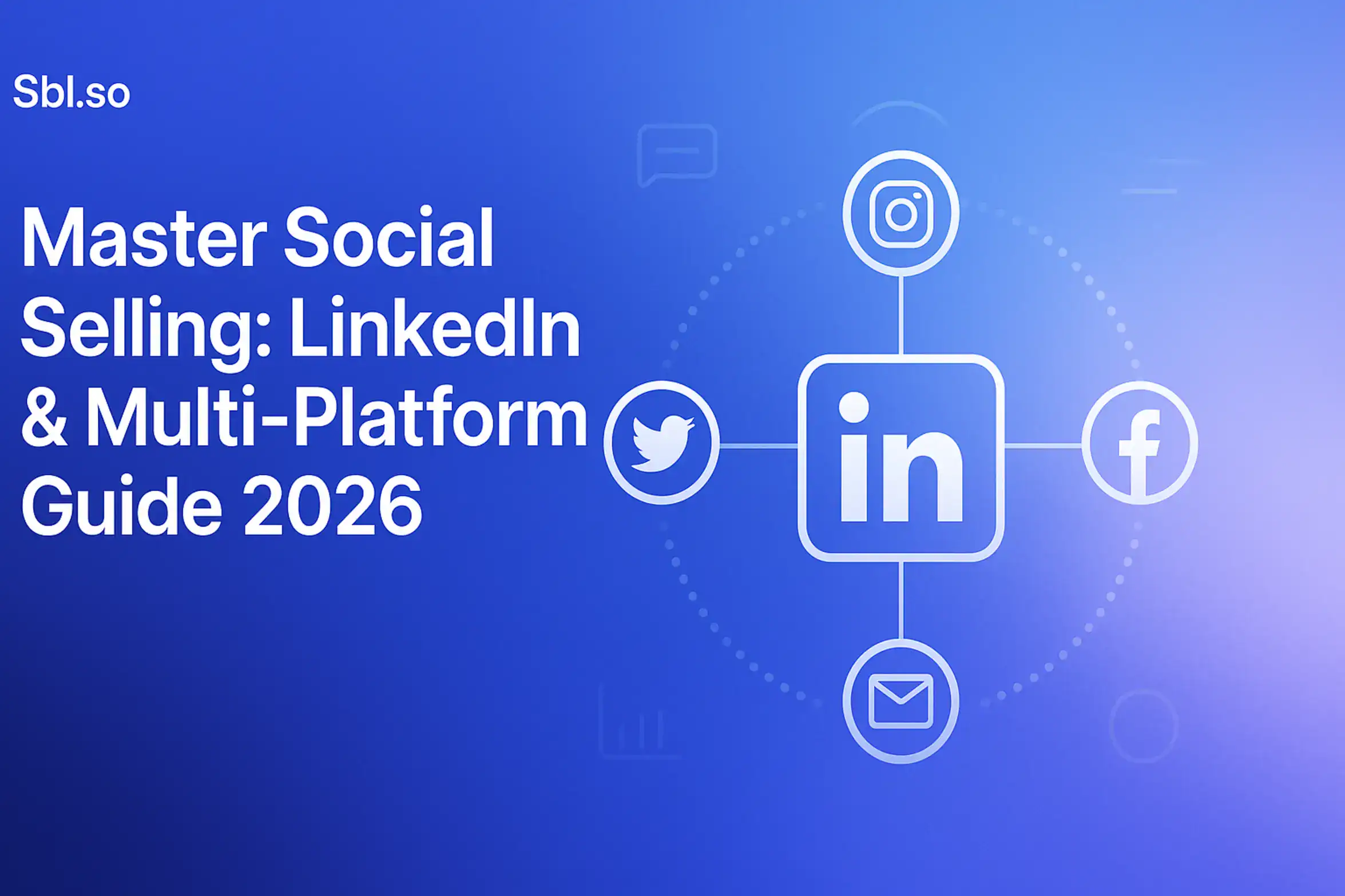 "Master Social Selling: LinkedIn & Multi-Platform Guide 2026 – 2560x1440px, 'Sbl.so' text branding (32px, white, top left), bold white headline reading 'Master Social Selling: LinkedIn & Multi-Platform Guide 2026' (72-80px, bold) centered-left with ample padding, centered minimalistic line-style LinkedIn icon surrounded by network-style interconnected smaller icons (representing X/Twitter, Instagram, Facebook, Email), subtle orbital lines or dotted arcs connecting the icons to convey cross-platform strategy, clean UI dash elements like chat bubbles or engagement charts subtly floating in background, soft dreamy gradient background blending #3657D5 royal blue with light sky blue, periwinkle, and deep navy hues, dreamy atmospheric aesthetic with generous 80px padding all around, NOT transparent, minimalistic and modern --ar 16:9"