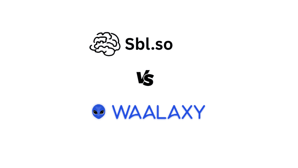 "Waalaxy vs SBL.so: LinkedIn Automation Comparison 2026 – 2560x1440px featured image, include 'Sbl.so' text branding (32px, white, top left) with generous top-left padding, bold white headline (72-80px) reading 'Waalaxy vs SBL.so: LinkedIn Automation Comparison 2026' centered or left-aligned depending on layout, soft cloudy gradient background blending brand blue #3657D5 with navy, periwinkle (#A8BCFF), and pale azure accents, symmetrical composition with two minimalistic icons or stylized logos (Waalaxy and SBL.so) facing off side-by-side or split screen, possibly connected by central orbit ring or dotted line to suggest competition/pathways, dreamy atmospheric aesthetic, white or light-colored illustrations (LinkedIn icon, automation gear, funnel, message icon), clean modern UI vibe, 80px padding from all sides, NOT transparent --ar 16:9"