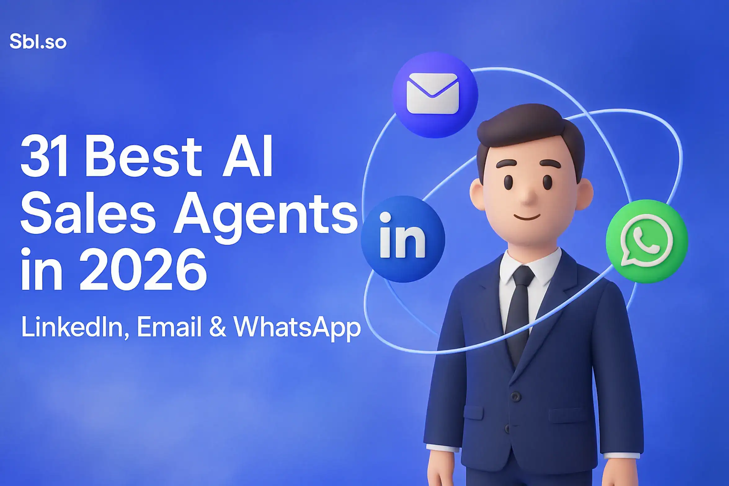 "31 Best AI Sales Agents in 2026: LinkedIn, Email & WhatsApp - 2560x1440px, 'Sbl.so' text branding (32px, white, top left), bold white headline (72-80px) reading '31 Best AI Sales Agents in 2026' with a subheadline in smaller white text below: 'LinkedIn, Email & WhatsApp', dreamy soft cloudy gradient background blending #3657D5 royal blue, periwinkle, light azure and deeper navy, centered composition featuring a 3D character (businessperson/agent) surrounded by floating icons of LinkedIn, Email, and WhatsApp placed in orbital rings, minimal glowing effects to highlight futuristic AI theme, 80px padding from all sides, NOT transparent, clean modern tech aesthetic --ar 16:9"