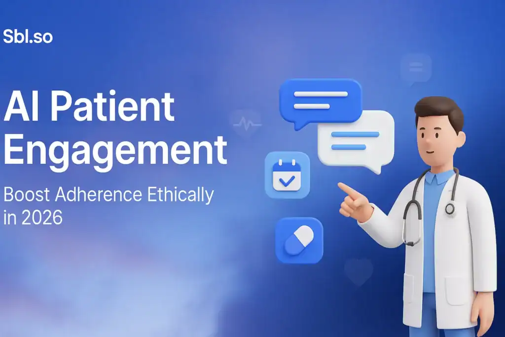 "AI Patient Engagement: Boost Adherence Ethically in 2026 – 2560x1440px, 'Sbl.so' text branding (32px, white, top left), bold white headline (72-80px) reading 'AI Patient Engagement', subheadline below in smaller size 'Boost Adherence Ethically in 2026', dreamy soft cloudy background gradient blending #3657D5 blue, soft sky blue, periwinkle, and deep navy, right side illustration of a minimalistic 3D doctor character interacting with a floating AI-powered chat interface (speech bubbles, calendar reminders, medication icons), subtle data icons (heart, pulse, message) orbiting in background, modern sans-serif font, plenty of padding (80-100px) from all sides, NOT transparent, clean professional health-tech aesthetic --ar 16:9"