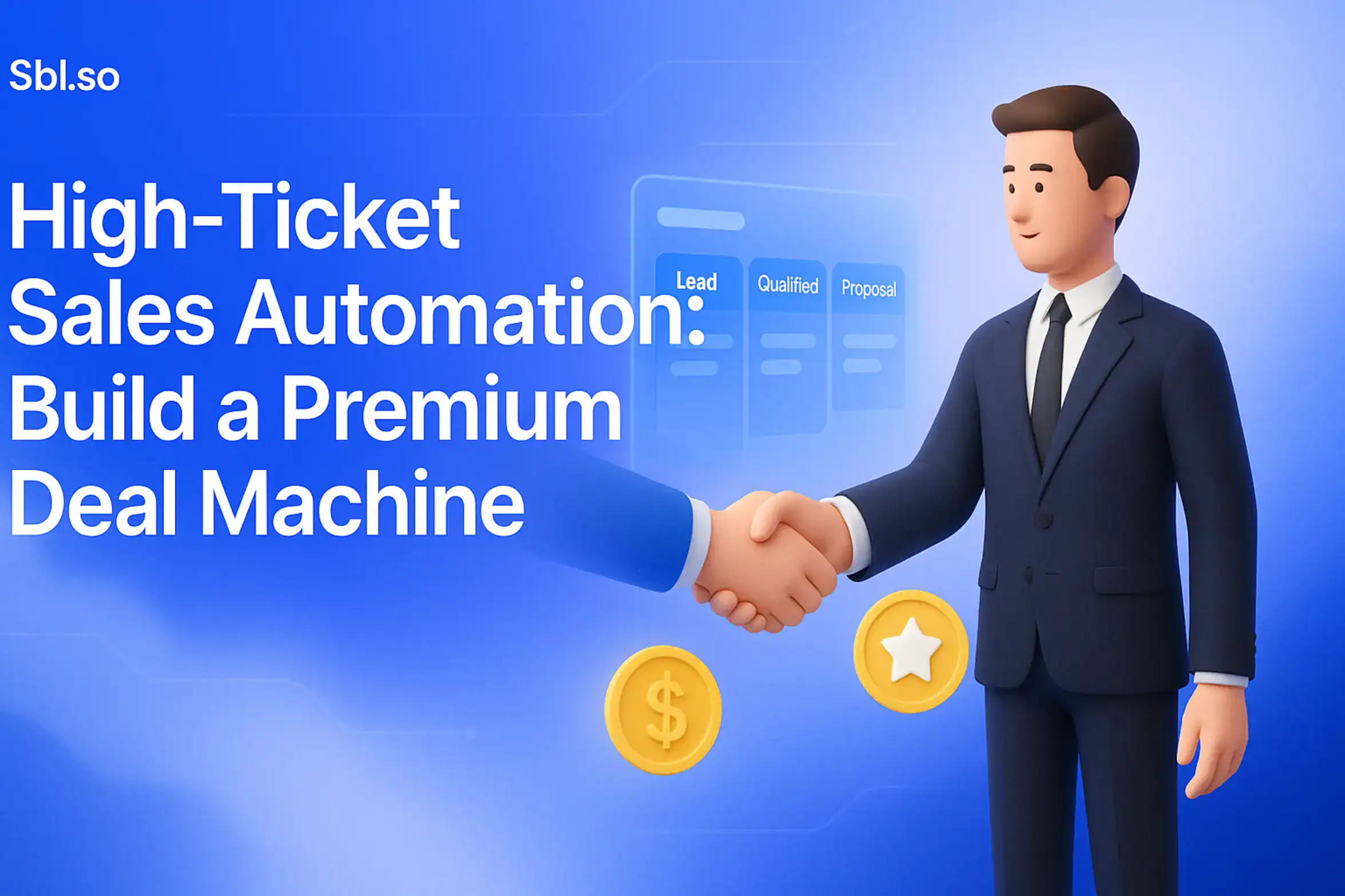 High-Ticket Sales Automation: Build a Premium Deal Machine – 2560x1440px, 'Sbl.so' text branding (32px, white, top left), large bold white headline (72-80px) reading "High-Ticket Sales Automation: Build a Premium Deal Machine" centered-left with generous padding, right side features minimalistic 3D-style business professional character in suit shaking hands with a floating holographic dashboard UI (showing sales pipeline stages or CRM), dollar/star icons orbiting or subtly overlayed near handshake to signify premium deals, soft cloudy gradient background blending brand blue #3657D5 with light periwinkle (#A8BCFF), sky blue, and deep navy tones, dreamy atmospheric aesthetic, minimal glowing line patterns in background suggestion automation, clean modern layout, 80-100px padding on all sides, NOT transparent --ar 16:9