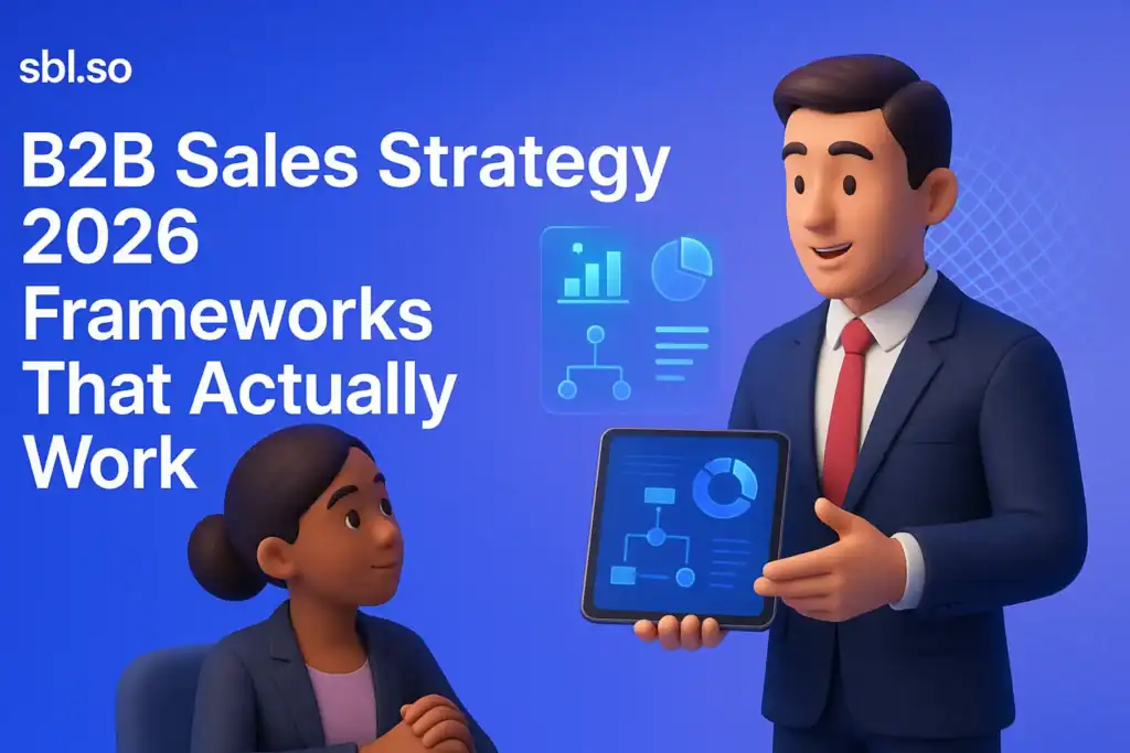 **Style C - 3D Character Illustration:** "B2B Sales Strategy 2026: Frameworks That Actually Work - 2560x1440px, 'Sbl.so' text branding (32px, white, top left), bold white headline (72-80px) centered with key phrase 'Frameworks That Actually Work' highlighted, two 3D business professionals in a meeting setting – one presenting frameworks on a tablet with holographic elements, soft gradient background blending core #3657D5 brand blue with shades of periwinkle and deep navy, subtle holographic pattern accent behind characters, 80px padding from all sides, NOT transparent, modern executive and futuristic aesthetic --ar 16:9"