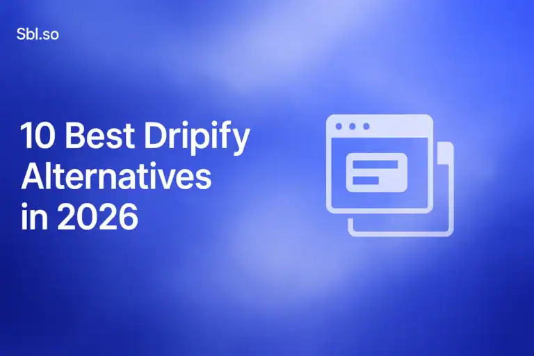 **Image Generation Prompt**: "10 Best Dripify Alternatives in 2026 - 2560x1440px, 'Sbl.so' text branding (32px, white, top left), main headline '10 Best Dripify Alternatives in 2026' (72-80px bold, white) on the left side with generous padding, minimalist centered icon representing a collection of software/tools (stack of UI windows or abstract apps icon), soft cloudy gradient background blending shades of #3657D5 royal blue, light periwinkle (#A8BCFF), and navy, dreamy atmospheric aesthetic, 80px padding from all sides, NOT transparent, clean modern style --ar 16:9" **Gradient Color Palette** (include): - **Light tones**: Sky blue, periwinkle (#A8BCFF), pale azure - **Core**: #3657D5 (brand blue) - **Deep tones**: Navy (#1E3A8A), deep cobalt, midnight blue