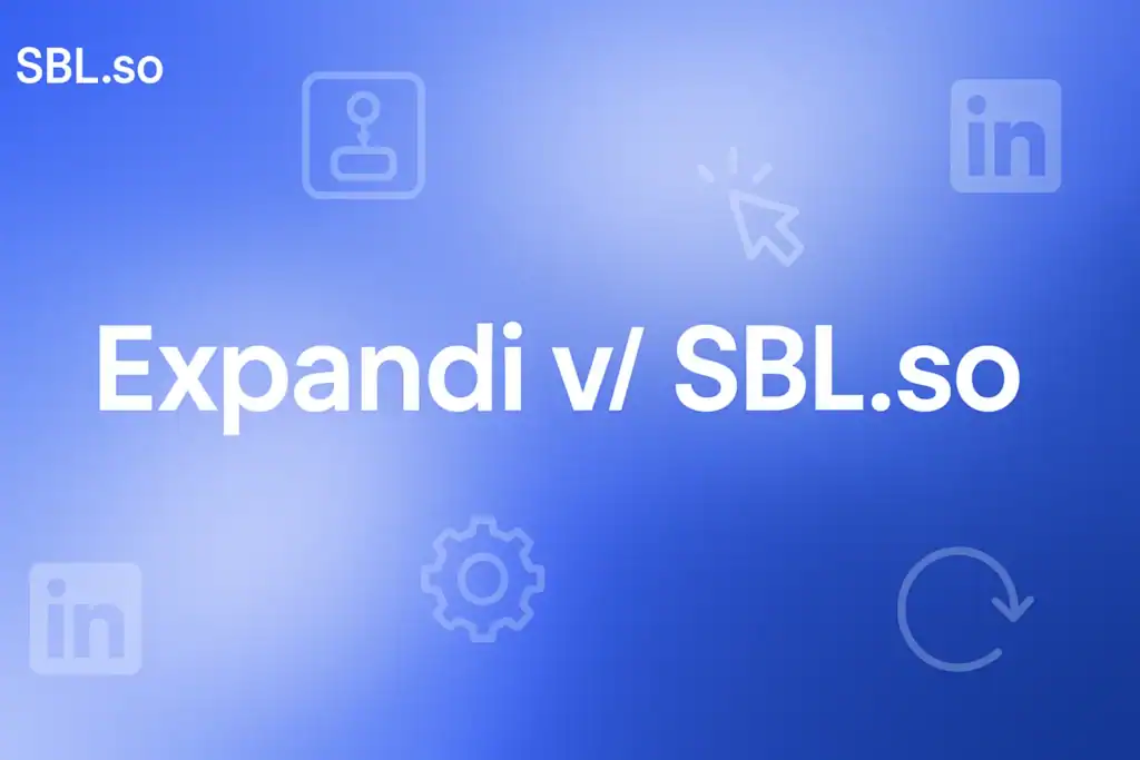 "Expandi vs SBL.so: LinkedIn Automation Comparison 2026 - 2560x1440px, 'Sbl.so' text branding (32px, white, top left), bold headline (72-80px) reading 'Expandi v/s SBL.so' across the center, minimalistic elements like LinkedIn icons or automation-related symbols arranged around central headline, dreamy soft cloudy gradient background blending #3657D5 royal blue, light periwinkle (#A8BCFF), pale azure, and deep navy tones, 80px padding from all sides, NOT transparent, clean and modern composition --ar 16:9"