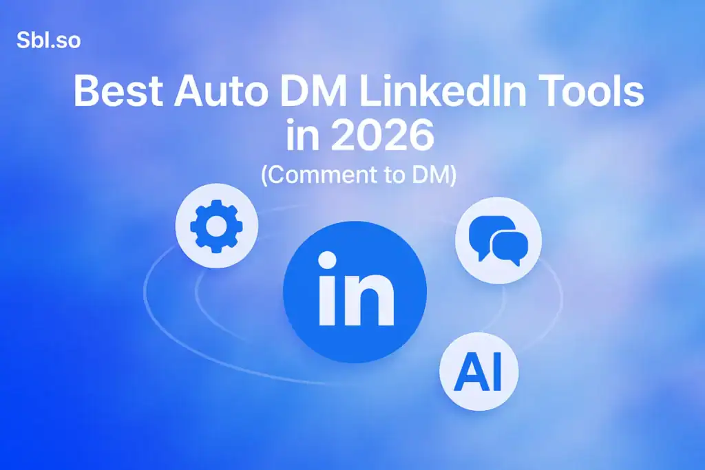 "Best Auto DM LinkedIn Tools in 2026 (Comment to DM) - 2560x1440px, 'Sbl.so' text branding (32px, white, top left), large bold white headline 'Best Auto DM LinkedIn Tools in 2026' with smaller subtext '(Comment to DM)', dreamy soft cloudy gradient background blending #3657D5 (royal blue) with light sky blue, periwinkle, and navy accents, centered large minimalistic LinkedIn icon surrounded by orbiting icons for automation, message bubbles and AI, clean modern abstract style with subtle motion lines to hint automation, 80px padding from all sides, NOT transparent --ar 16:9"