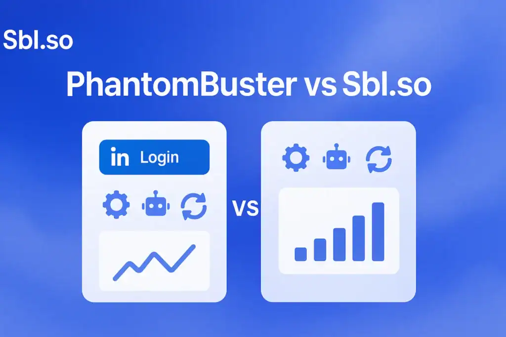 "PhantomBuster vs Sbl.so - 2560x1440px, soft cloudy gradient blending #3657D5 (royal blue), sky blue, light periwinkle, and deep navy tones, 'Sbl.so' text at top left corner in white (32px, modern sans-serif), large bold white headline centered reading 'PhantomBuster vs Sbl.so' (72-80px, bold), clean minimal layout with 80-100px padding from all sides, central composition of split UI cards representing each platform abstractly (LinkedIn login, automation icons, charts), no brand logos, dreamy atmospheric background with subtle gradient layering, uncluttered centered visual style, clear modern comparison vibe, NOT transparent --ar 16:9"
