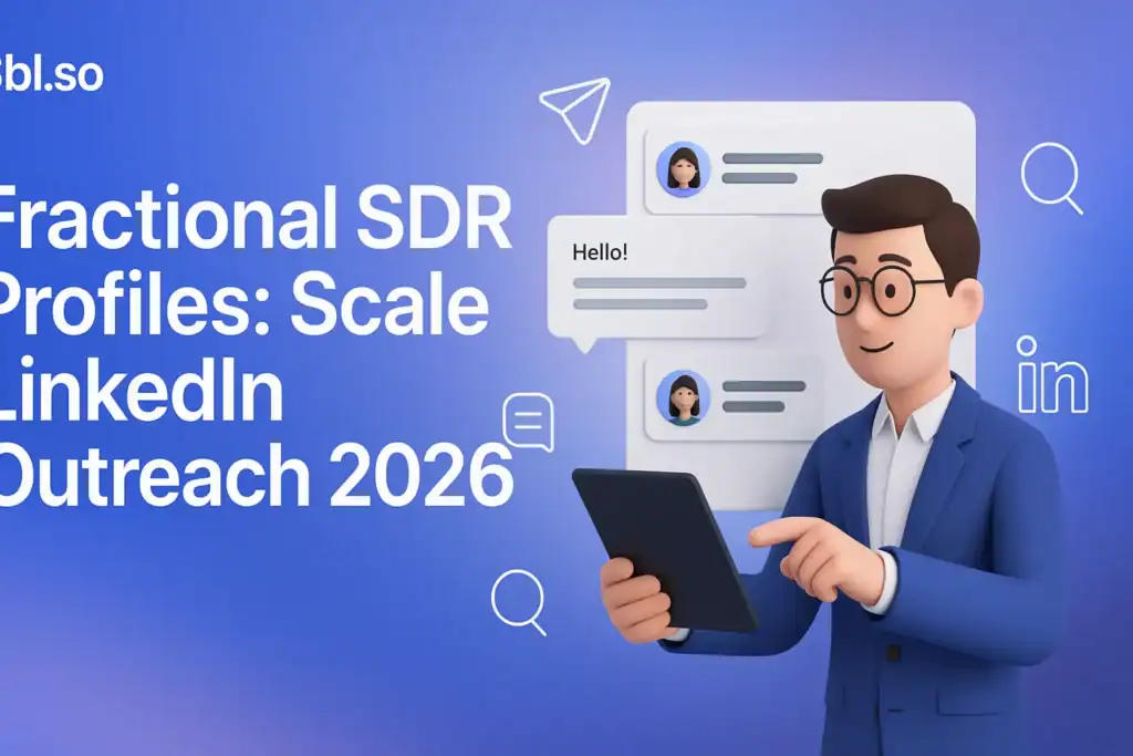 "Fractional SDR Profiles: Scale LinkedIn Outreach 2026 – 2560x1440px, 'Sbl.so' text branding (32px, white, top left), bold white headline (72-80px) on left side reading 'Fractional SDR Profiles: Scale LinkedIn Outreach 2026', soft cloudy gradient background blending #3657D5 (brand blue) with periwinkle, pale azure, and deep navy tones, 3D character of a professional SDR (sales dev rep) on right side interacting with LinkedIn-style UI mockup (message cards, profile previews, connection requests), floating abstract elements like message/send icons, magnifying glass, and LinkedIn symbol in minimal white outlines around character, dreamy atmospheric aesthetic, 80px padding from all sides, NOT transparent, modern and clean composition --ar 16:9"