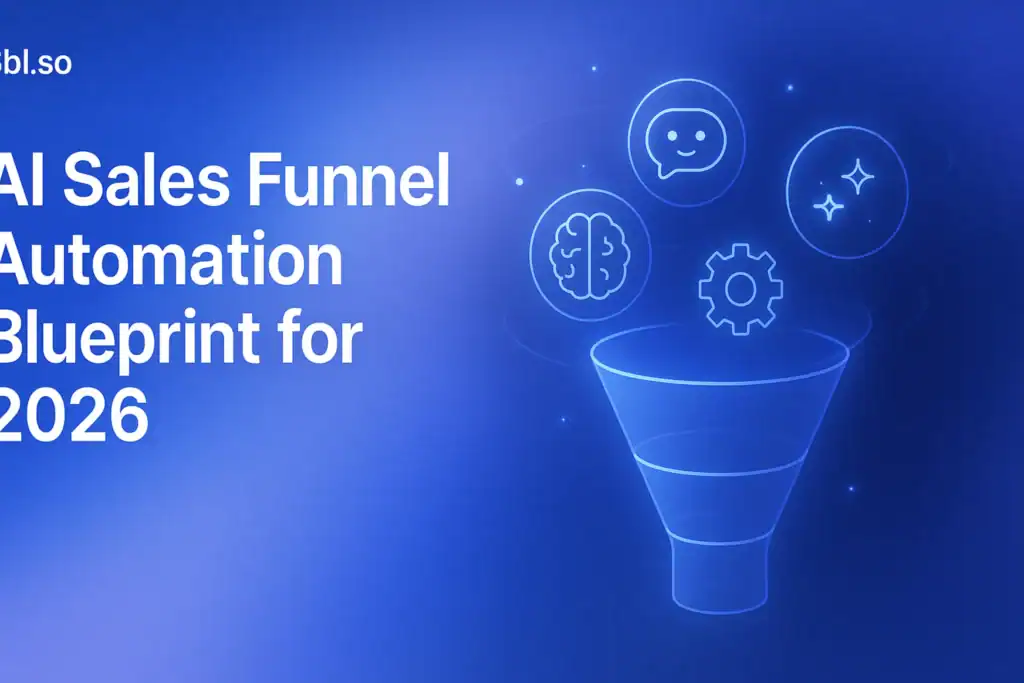 "AI Sales Funnel Automation Blueprint for 2026 – 2560x1440px, 'Sbl.so' text branding (32px, white, top left), bold white headline (72-80px) reading 'AI Sales Funnel Automation Blueprint for 2026' positioned on the left with ample padding, soft cloudy gradient background blending #3657D5 (royal blue), pale azure, periwinkle, and deep navy tones, dreamy and futuristic aesthetic, center/right side features simple funnel-shaped diagram with floating AI icons (brain, chatbot bubble, settings gear, analytics chart, automation spark), minimalistic line art with glowing accents, layered transparencies to represent funnel stages, orbit-style elements subtly surrounding the icons for movement, clean modern layout with 80-100px padding all sides, NOT transparent --ar 16:9"