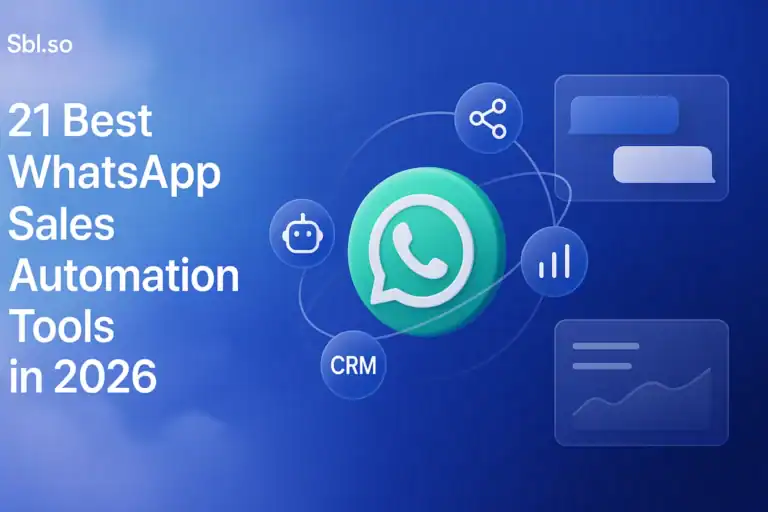 "21 Best WhatsApp Sales Automation Tools in 2026 – 2560x1440px, 'Sbl.so' text branding (32px, white, top left), bold white headline on left: '21 Best WhatsApp Sales Automation Tools in 2026' (72-80px), dreamy soft cloudy gradient background blending sky blue, periwinkle, #3657D5 (royal blue), and deep navy, floating center WhatsApp icon connected to orbital icons representing automation, chatbot, analytics, and CRM tools, minimalistic futuristic UI elements on the right side showing message flows or dashboards, clean modern layout with 80px padding from all sides, NOT transparent, dreamy atmospheric tech aesthetic --ar 16:9"