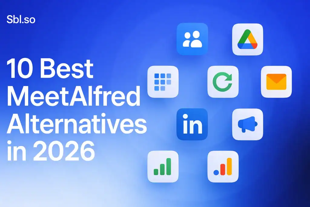 **Image Prompt for Blog Post**: --- "10 Best MeetAlfred Alternatives in 2026 - 2560x1440px, 'Sbl.so' text branding (32px, white, top left), large white headline (72px bold) centered with generous padding, include a minimalistic grid of floating app icons symbolizing different software alternatives, each icon representing potential alternatives (e.g., CRM, social media automation tools), use soft cloudy gradient background blending #3657D5 with shades of royal blue, light periwinkle, and deep navy, hint of concentric circular patterns to create a sense of discovery, NOT transparent, dreamy atmospheric aesthetic --ar 16:9" **Gradient Color Palette**: - **Light tones**: Sky blue, periwinkle (#A8BCFF), pale azure - **Core**: #3657D5 (brand blue) - **Deep tones**: Navy (#1E3A8A), deep cobalt, midnight blue ---