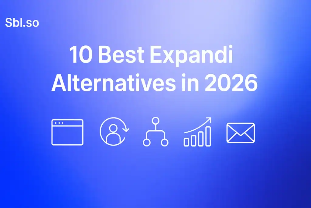 "10 Best Expandi Alternatives in 2026 - 2560x1440px, 'Sbl.so' text branding (32px, white, top left), centered white headline (72-80px bold) highlighting 'Expandi v/s SBL.so', minimalistic icon set below headline representing alternative digital tools (line art style), soft cloudy gradient background blending #3657D5 royal blue, light periwinkle, pale azure, and deep navy, dreamy atmospheric aesthetic, 80px padding from all sides, NOT transparent, clean abstract composition --ar 16:9"
