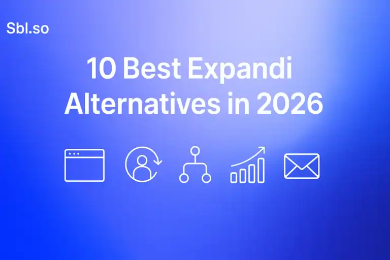 "10 Best Expandi Alternatives in 2026 - 2560x1440px, 'Sbl.so' text branding (32px, white, top left), centered white headline (72-80px bold) highlighting 'Expandi v/s SBL.so', minimalistic icon set below headline representing alternative digital tools (line art style), soft cloudy gradient background blending #3657D5 royal blue, light periwinkle, pale azure, and deep navy, dreamy atmospheric aesthetic, 80px padding from all sides, NOT transparent, clean abstract composition --ar 16:9"