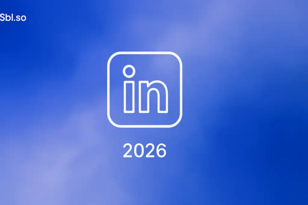 **Style E - Centered Icon Minimal:** "Taplio Alternatives v/s SBL.so - 2560x1440px, 'Sbl.so' text branding (32px, white, top left), single large white LinkedIn icon centered (minimalistic line art style) and text '2026' underneath, soft cloudy gradient blending #3657D5 royal blue, light periwinkle, pale azure, and deep navy, dreamy atmospheric aesthetic, 80px padding from all sides, NOT transparent, clean abstract composition --ar 16:9"