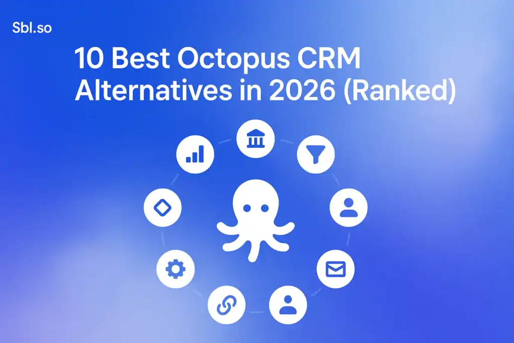 "10 Best Octopus CRM Alternatives in 2026 (Ranked) - 2560x1440px, 'Sbl.so' text branding (32px, white, top left), large white headline (72-80px bold) centered at top with generous padding, octopus icon or minimalistic CRM-related icon in the center, surrounding smaller icons in an orbital arrangement representing different alternatives, soft cloudy gradient background blending from #3657D5 royal blue to sky blue and periwinkle, ensuring dreamy, atmospheric aesthetic, 80px padding from all sides, NOT transparent, modern professional style with focus on contrasting white elements --ar 16:9"