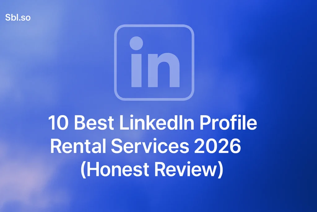 **Style E - Centered Icon Minimal**: "10 Best LinkedIn Profile Rental Services 2026 (Honest Review) - 2560x1440px, 'Sbl.so' text branding (32px, white, top left), large white headline (72-80px bold) at center, single large white minimalistic line art LinkedIn icon integrated in the background, soft cloudy gradient blending #3657D5, light periwinkle, pale azure, and deep navy for a dreamy atmospheric aesthetic, 80px padding from all sides to ensure visibility and readability, NOT transparent, clean and modern abstract composition --ar 16:9"
