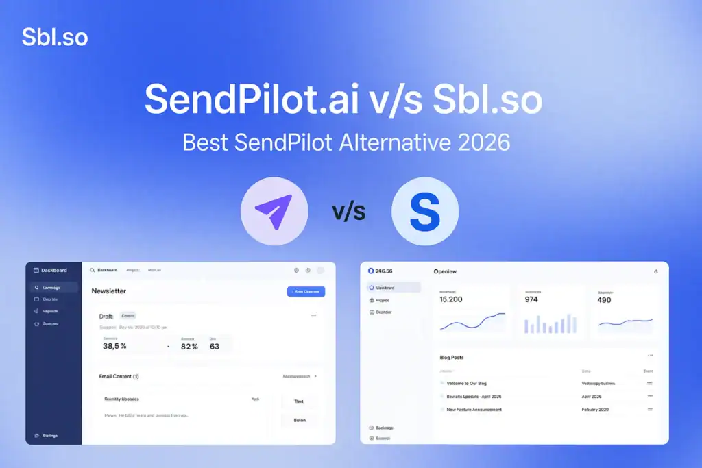 **Style B - Comparison Blog Design**: "Sbl.so vs SendPilot.ai - 2560x1440px, 'Sbl.so' text branding (32px, white, top left), centered white headline 'SendPilot.ai v/s Sbl.so' (72-80px bold) with secondary text 'Best SendPilot Alternative 2026', floating minimalistic icons of both platforms at center, soft cloudy gradient blending #3657D5 royal blue, light periwinkle, and pale azure tones, evenly spaced UI mockup elements demonstrating key features of each platform, professional and clean design aesthetic, 80px padding from all sides, NOT transparent --ar 16:9"
