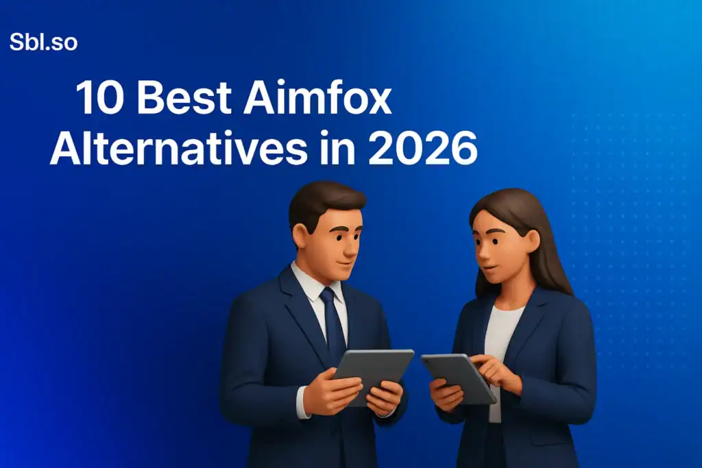 **Style D - Human Connection/B2B:** "10 Best Aimfox Alternatives in 2026 - 2560x1440px, 'Sbl.so' text branding (32px, white, top left), centered white headline (72-80px bold), illustration of two 3D business professionals standing with tablets discussing at center representing professional collaboration, gradient background blending #3657D5 royal blue with deeper navy and lighter sky blue, minimal dot pattern along the right side as decorative element, 80px padding from all sides, NOT transparent, clean professional aesthetic --ar 16:9"