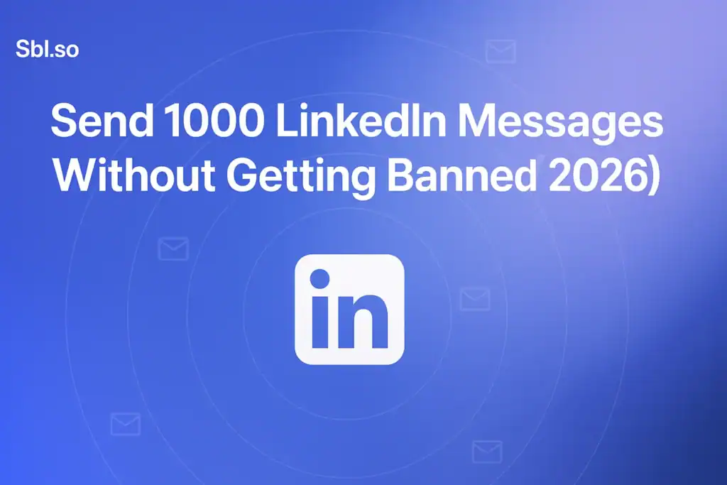 "Send 1000 LinkedIn Messages Without Getting Banned (2026) - 2560x1440px, 'Sbl.so' text branding (32px, white, top left), bold white headline (72-80px) with key phrase 'LinkedIn Messages' highlighted, centered minimalistic LinkedIn icon surrounded by subtle curved network lines and message icons, soft gradient background blending #3657D5 royal blue, light periwinkle, pale azure, and deep navy, dreamy atmospheric aesthetic, 80px padding from all sides, NOT transparent, clean modern composition --ar 16:9"