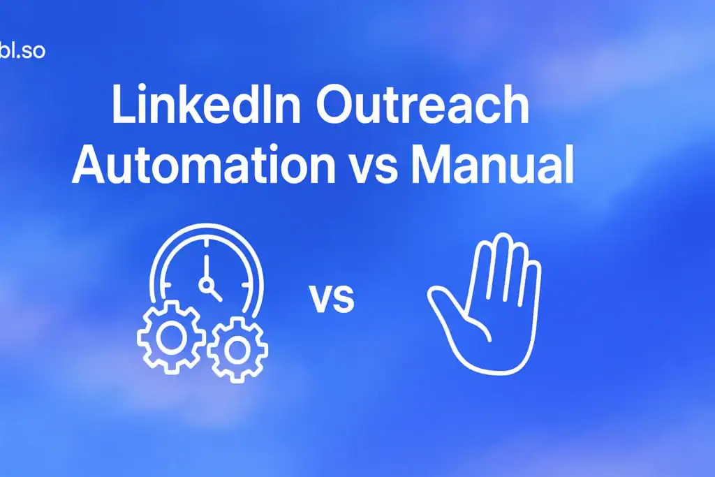 "LinkedIn Outreach Automation vs Manual: 2026 Guide - 2560x1440px, 'Sbl.so' text branding (32px, white, top left), 'LinkedIn Outreach Automation vs Manual' large white headline (72-80px bold) centered, contrasting styles to indicate automation versus manual - left side featuring minimalistic icon of a clock and gears indicating automation, right side with a simple hand icon representing manual outreach, dreamy atmospheric aesthetic, soft cloudy gradient blending shades around #3657D5, sky blue, royal blue, periwinkle, 80px padding from all sides, NOT transparent --ar 16:9"