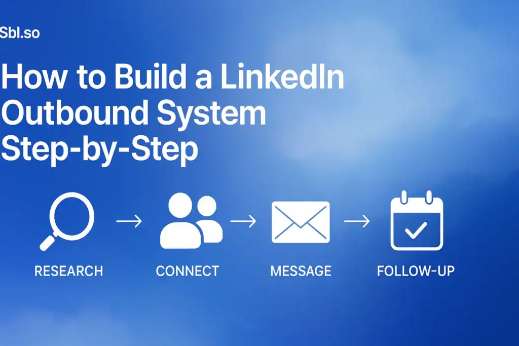 "How to Build a LinkedIn Outbound System Step-by-Step - 2560x1440px, 'Sbl.so' text branding (32px, white, top left), large white headline (72-80px bold) on left, illustrative icons arranged in a step-by-step progression from left to right depicting key phases (research, connect, message, follow-up), minimalistic icon style with each phase labeled, soft cloudy gradient background blending #3657D5 royal blue with light azure, periwinkle, and deep navy tones, dreamy atmospheric aesthetic, 80px padding from all sides, NOT transparent, clean instructional design --ar 16:9"