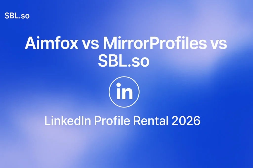 **Style E - Centered Icon Minimal**: "Aimfox vs MirrorProfiles vs SBL.so: LinkedIn Profile Rental 2026 - 2560x1440px, 'Sbl.so' text branding (32px, white, top left), large white headline (72-80px bold) featuring 'Aimfox vs MirrorProfiles vs SBL.so' in center, below headline a minimalistic line art style LinkedIn icon, soft cloudy gradient blending #3657D5 royal blue, light periwinkle (#A8BCFF), pale azure, and deep navy for dreamy atmospheric aesthetic, 80px padding from all sides, NOT transparent, clean competitive abstract composition --ar 16:9"