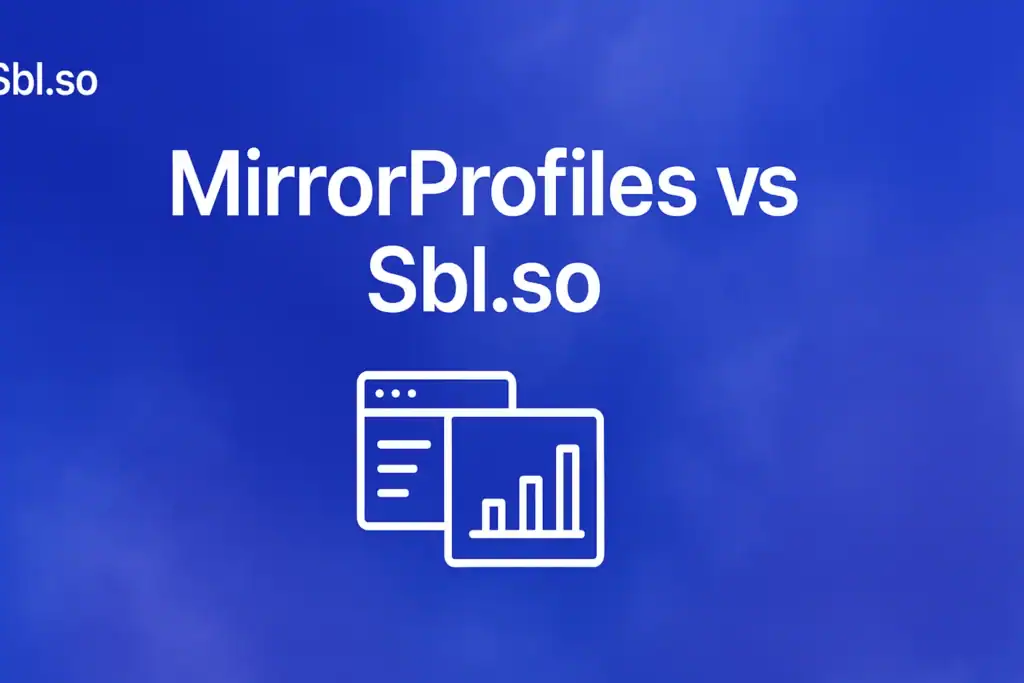 "MirrorProfiles v/s Sbl.so - 2560x1440px, 'Sbl.so' text branding (32px, white, top left), large bold white text stating 'MirrorProfiles v/s Sbl.so' centered, simple central icon representing comparison (two overlapping interface screens or charts), soft cloudy gradient background blending shades around #3657D5 including royal blue, periwinkle, and deep navy, dreamy atmospheric aesthetic, apply 80px padding from all sides, NOT transparent, clean and modern comparison aesthetic --ar 16:9"