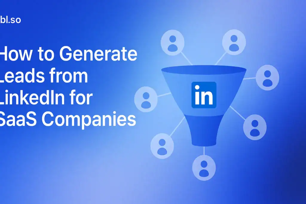 "How to Generate Leads from LinkedIn for SaaS Companies - 2560x1440px, 'Sbl.so' text branding (32px, white, top left), large white headline (72-80px bold) on left with generous padding, LinkedIn icon integrated into a digital marketing funnel graphic at center with networking nodes illustrating connection and outreach, soft gradient background blending #3657D5 royal blue, light periwinkle, pale azure, and deep navy, dreamy atmospheric aesthetic, 80px padding from all sides, NOT transparent, clean and modern aesthetic --ar 16:9"