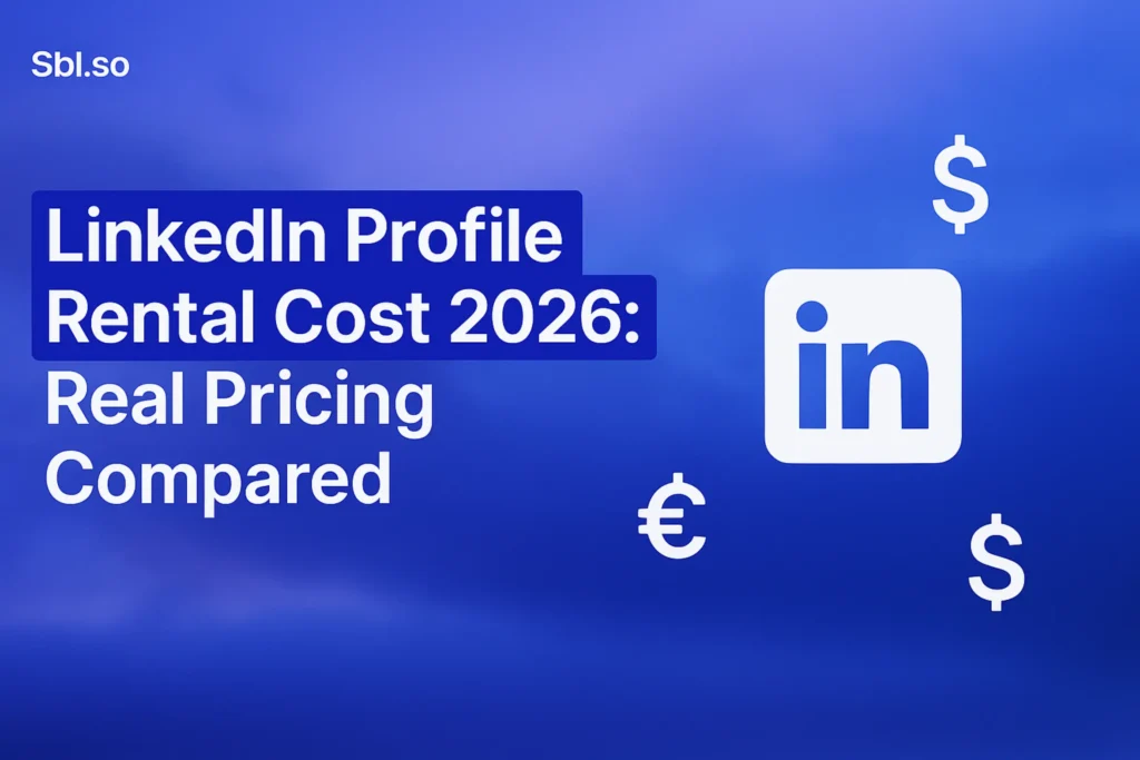 "LinkedIn Profile Rental Cost 2026: Real Pricing Compared - 2560x1440px, 'Sbl.so' text branding (32px, white, top left), large bold headline (72-80px) to the left, "LinkedIn Profile Rental Cost 2026" highlighted in white, minimalistic iconic representation of LinkedIn and currency symbols (e.g., dollars, euros) floating to the right, soft cloudy gradient background blending #3657D5 with shades of royal blue, periwinkle, and deep navy, 80px padding from all sides, NOT transparent, dreamy atmospheric aesthetic --ar 16:9"