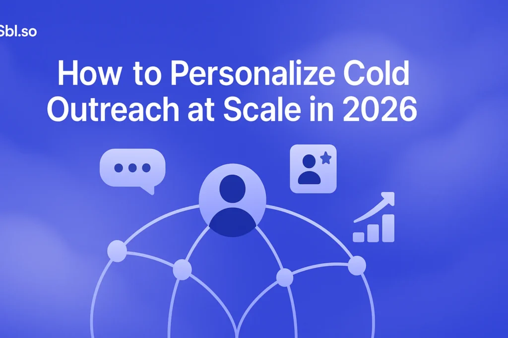 "How to Personalize Cold Outreach at Scale in 2026 - 2560x1440px, 'Sbl.so' text branding (32px, white, top left), large bold white headline (72-80px) centered on top half, minimalistic illustration of an outreach process on bottom half with a network of connected nodes symbolizing reach expansion, meaningful icons of messaging, personalization, and scalability, soft cloudy gradient background blending shades of #3657D5, light periwinkle, and deep navy, ensuring dreamy atmospheric aesthetic, 80px padding from all sides, NOT transparent, modern futuristic approach --ar 16:9"