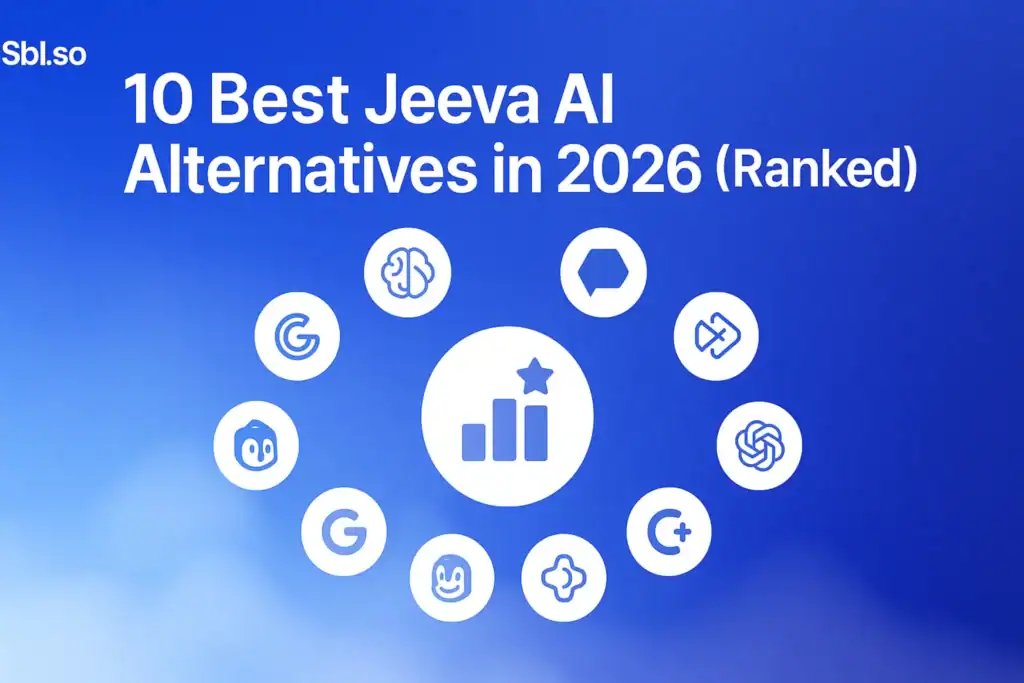"10 Best Jeeva AI Alternatives in 2026 (Ranked) - 2560x1440px, 'Sbl.so' text branding (32px, white, top left), bold white headline (72-80px) on top with ample padding, centered icons representing various AI platforms in a circular arrangement around a larger central icon for ranking, minimalistic and tech-focused iconography, soft cloudy gradient background blending #3657D5 royal blue, light sky blue, and deep navy, keeping a dreamy, atmospheric aesthetic, 80px padding from all sides, NOT transparent, modern uncluttered composition --ar 16:9"