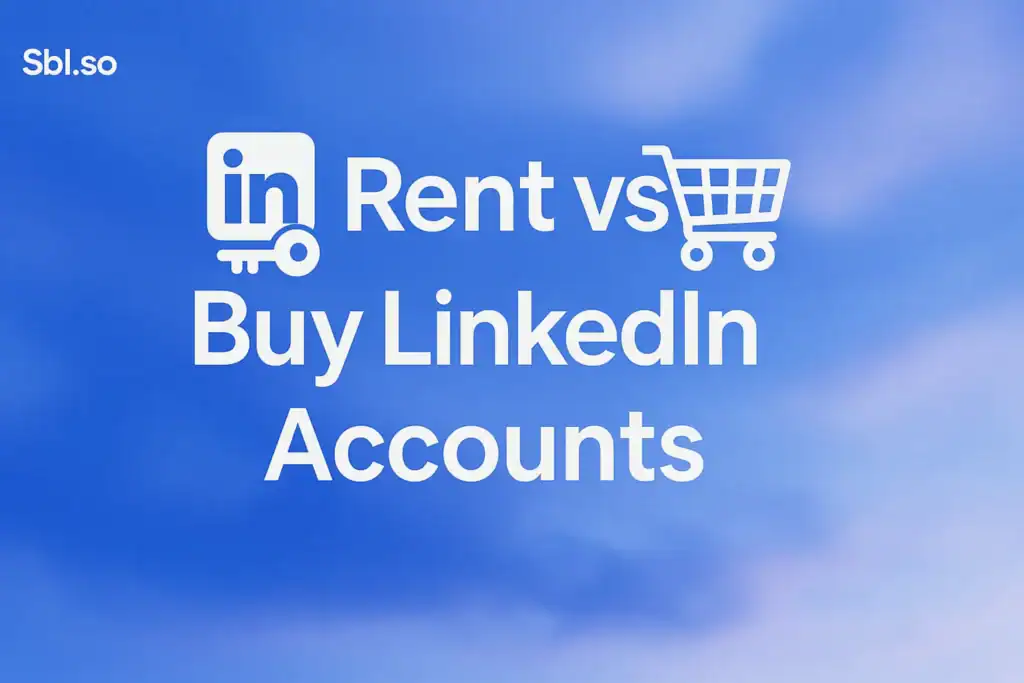 **Prompt for Image Generation**: "Rent vs Buy LinkedIn Accounts: What Works in 2026 - 2560x1440px, 'Sbl.so' text branding (32px, white, top left), large white headline (72-80px bold) across the center, with text 'Rent vs Buy LinkedIn Accounts', integrated LinkedIn icon graphics creatively illustrating both options (rent with a key symbol, buy with a shopping cart), soft cloudy gradient background blending shades around #3657D5 including sky blue, periwinkle, and navy tones, 80px padding from all sides, NOT transparent, dreamy atmospheric aesthetic, clean modern minimalist composition --ar 16:9"