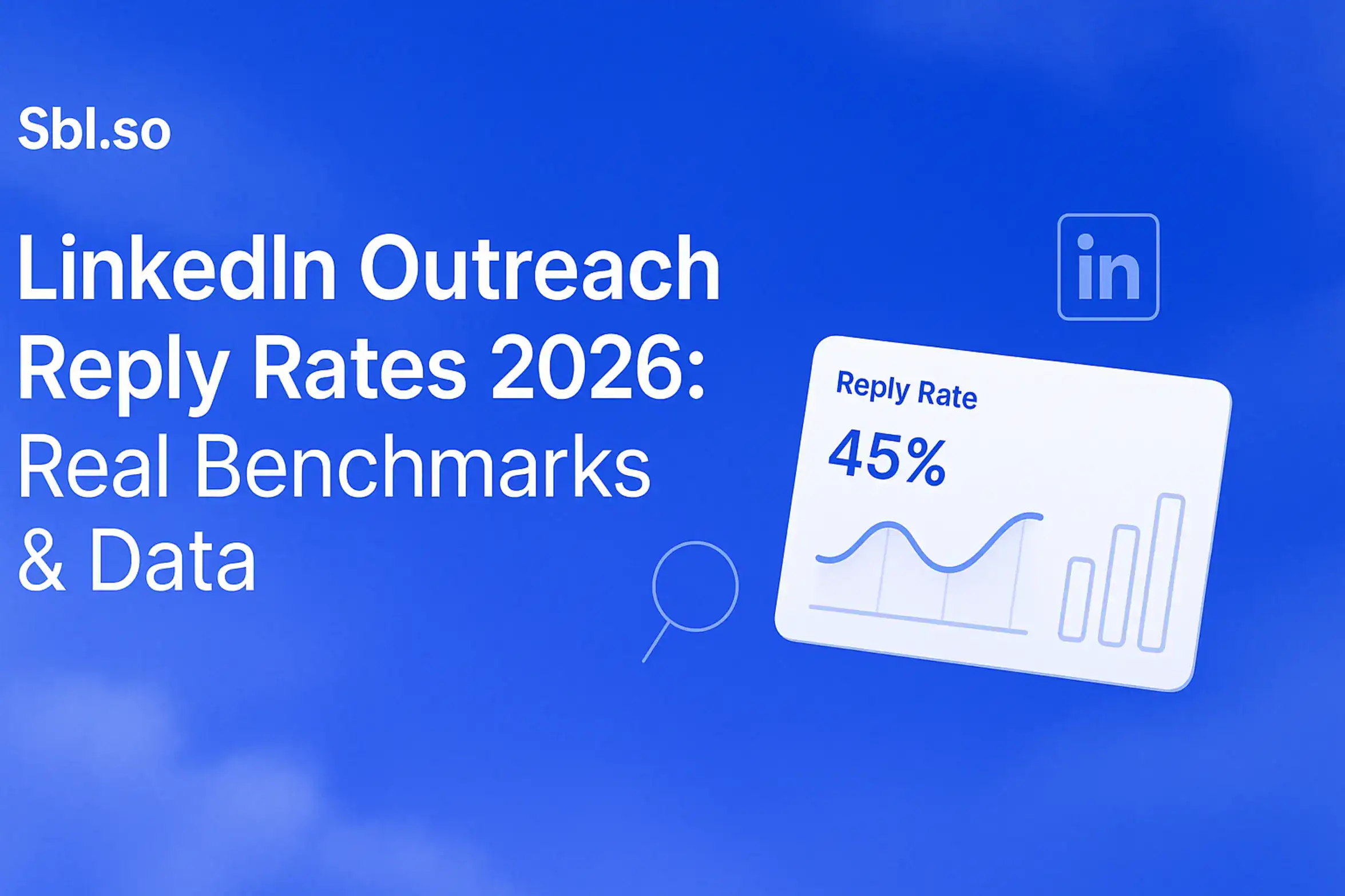 **Image Generation Prompt**: Create an atmospheric blog featured image for "LinkedIn Outreach Reply Rates 2026: Real Benchmarks & Data" in Sbl.so brand style. **Technical Specifications**: - **Size**: 2560 x 1440 pixels - **Aspect Ratio**: 16:9 - **Background**: Soft cloudy gradient blending shades around #3657D5. Utilize sky blue, royal blue, navy, and periwinkle tones. - **Padding**: 80-100px from all sides **Typography**: - **"Sbl.so" branding text**: 32-36px, white, sans-serif, positioned at the top left - **Main Headline**: 72-80px, bold, white, positioned centrally or left-justified with sufficient padding **Style Guidelines**: - Use white/light colored text and icons for contrast - Include minimalistic icons or illustrations related to LinkedIn and data analytics - Incorporate a floating UI dashboard or analytics mockup showing reply rate metrics, graphs, or charts - Achieve a dreamy, atmospheric aesthetic - Maintain a clean, modern, uncluttered composition **Output Example**: "LinkedIn Outreach Reply Rates 2026: Real Benchmarks & Data - 2560x1440px, 'Sbl.so' text branding (32px, white, top left), large white headline (72-80px bold) positioned centrally or left-justified with ample padding, incorporate a floating UI dashboard element showing reply rate metrics, charts, and graphs, minimalist line art style LinkedIn icon, soft gradient background blending #3657D5 blue, periwinkle, and navy, 80px padding from all sides, NOT transparent, dreamy and modern tech aesthetic --ar 16:9" **Gradient Color Palette**: - **Light tones**: Sky blue, periwinkle (#A8BCFF), pale azure - **Core**: #3657D5 (brand blue) - **Deep tones**: Navy (#1E3A8A), deep cobalt, midnight blue Please ensure the image adheres to all specified style and technical guidelines.