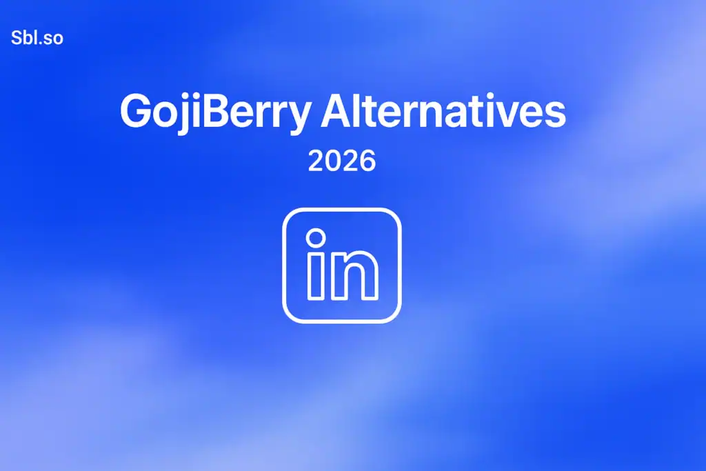 **Style E - Centered Icon Minimal**: "LinkedIn Outreach Alternatives 2026 - 2560x1440px, 'Sbl.so' text branding (32px, white, top left), large white headline (72-80px bold) stating 'Gojiberry Alternatives', single large white LinkedIn icon centered (minimalistic line art style), soft cloudy gradient blending #3657D5 royal blue, light periwinkle, pale azure, and deep navy, dreamy atmospheric aesthetic, 80px padding from all sides, NOT transparent, clean abstract composition --ar 16:9"