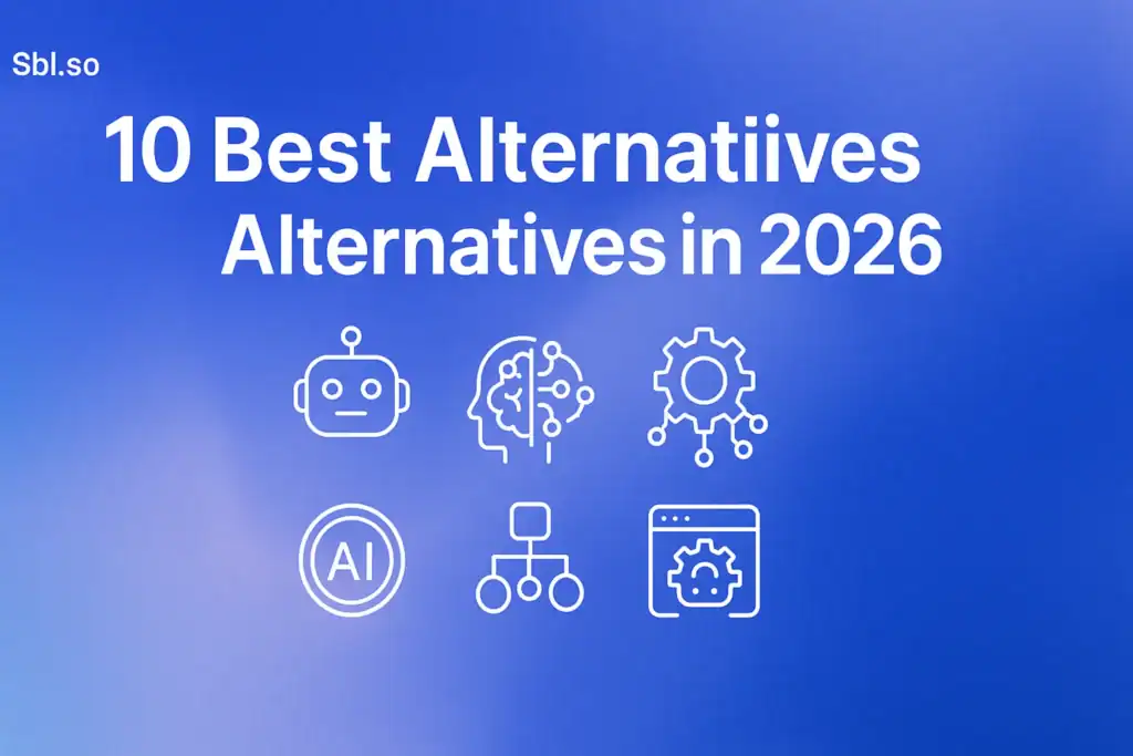 **Style E - Centered Icon Minimal:** "10 Best SuperAGI Alternatives in 2026 - 2560x1440px, 'Sbl.so' text branding (32px, white, top left), large bold headline (72-80px) at top center, '10 Best Alternatives' highlighted, centered icon cluster of diverse AI, automation, and tech icons in minimalistic line art style, soft cloudy gradient blending #3657D5 royal blue, light periwinkle, pale azure, and deep navy, dreamy atmospheric aesthetic, 80px padding from all sides, NOT transparent, clean modern composition --ar 16:9"